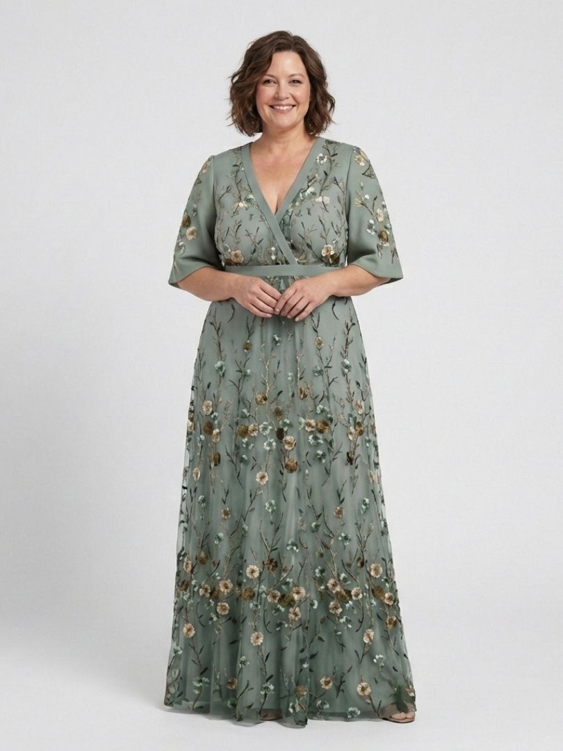 Green floral maxi dress for women, featuring V neck & short sleeves. An elegant choice for evening events.