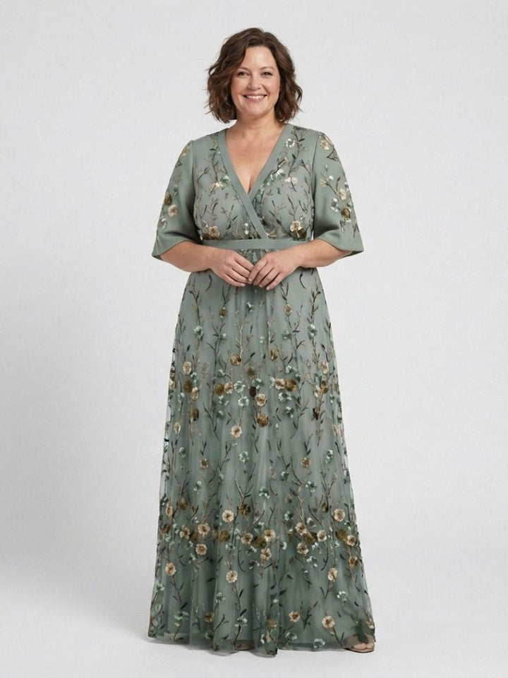 Green floral maxi dress for women, featuring V neck & short sleeves. An elegant choice for evening events.