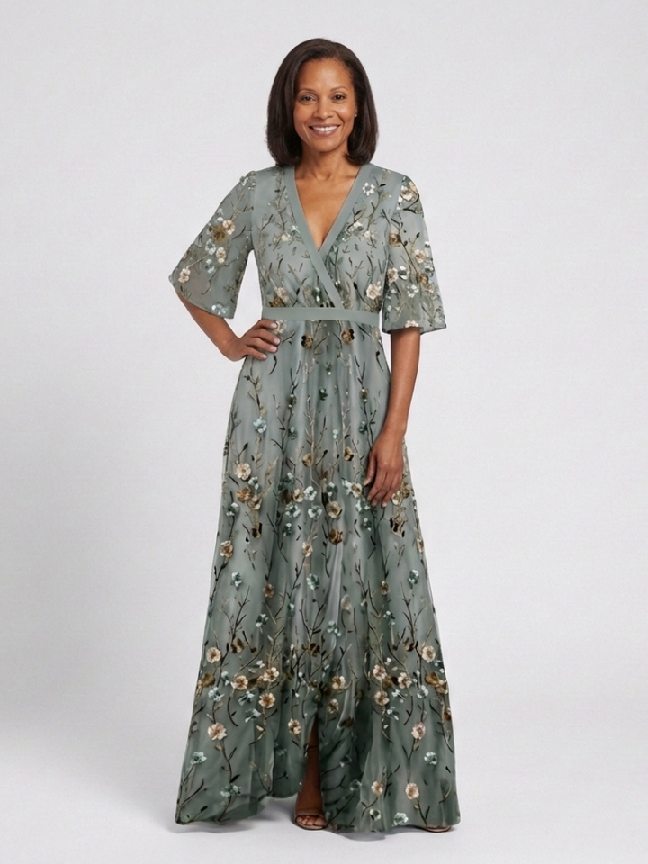Women's floral V neck short sleeve green maxi dress. Elegant and comfortable for any special occasion.