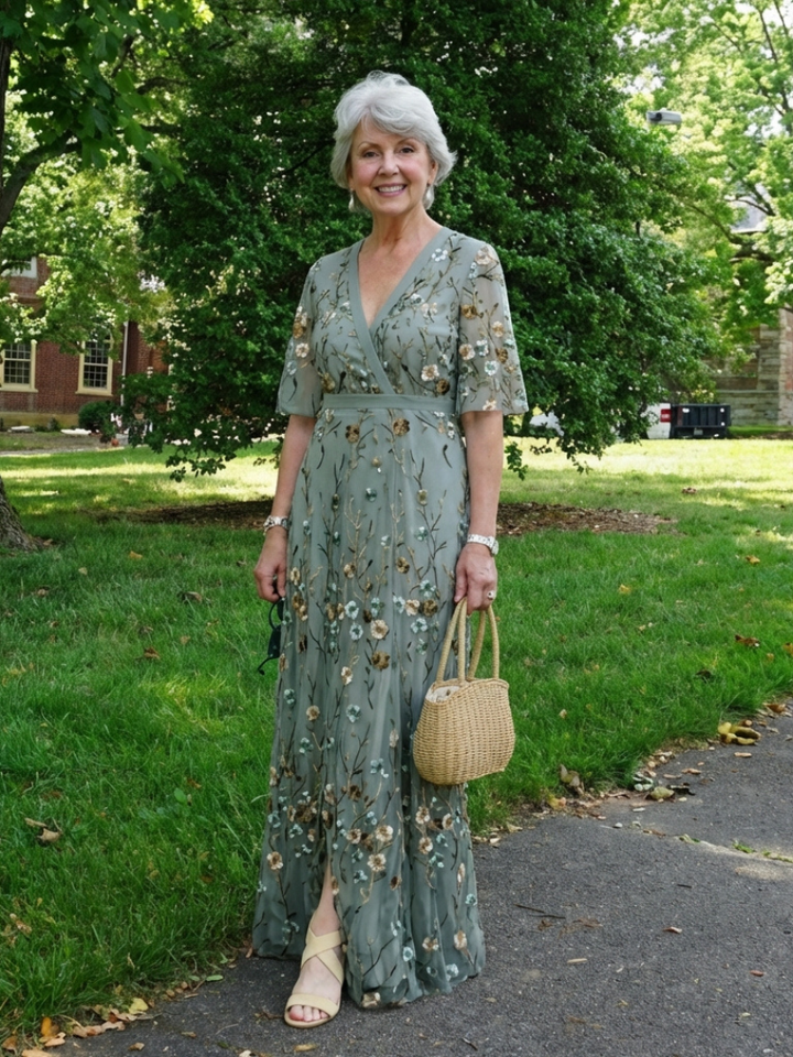 Green floral print maxi dress with V neck and short sleeves. A chic women's dress for elegant parties & events.