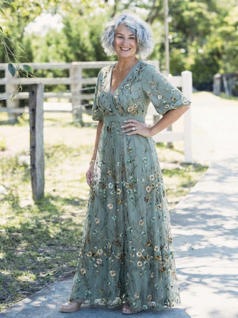 Comfortable & elegant women's floral V-neck short sleeve maxi dress, perfect as a party or special occasion outfit.