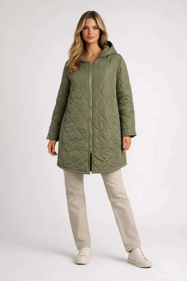 Women's green quilted hooded coat, stylish knee-length autumn fashion outerwear.