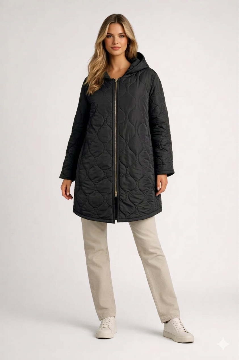 Cozy black quilted knee-length coat with hood for women, perfect for everyday autumn wear.