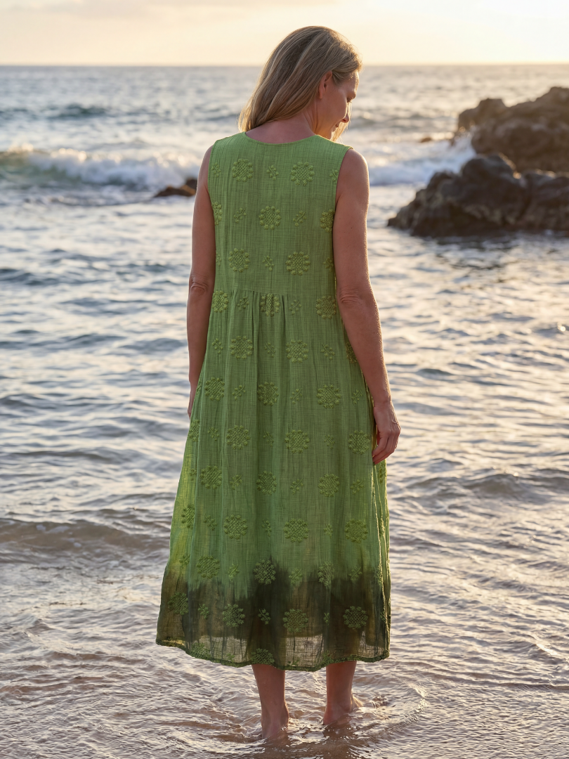 Green textured women's midi dress, sleeveless & relaxed fit. A comfortable pull-on summer dress for casual everyday wear.