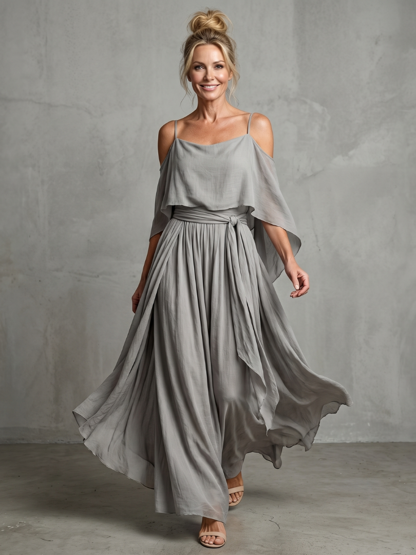 Women's grey layered drape cold shoulder top & wide leg pants set. Elegant, comfortable two-piece outfit.