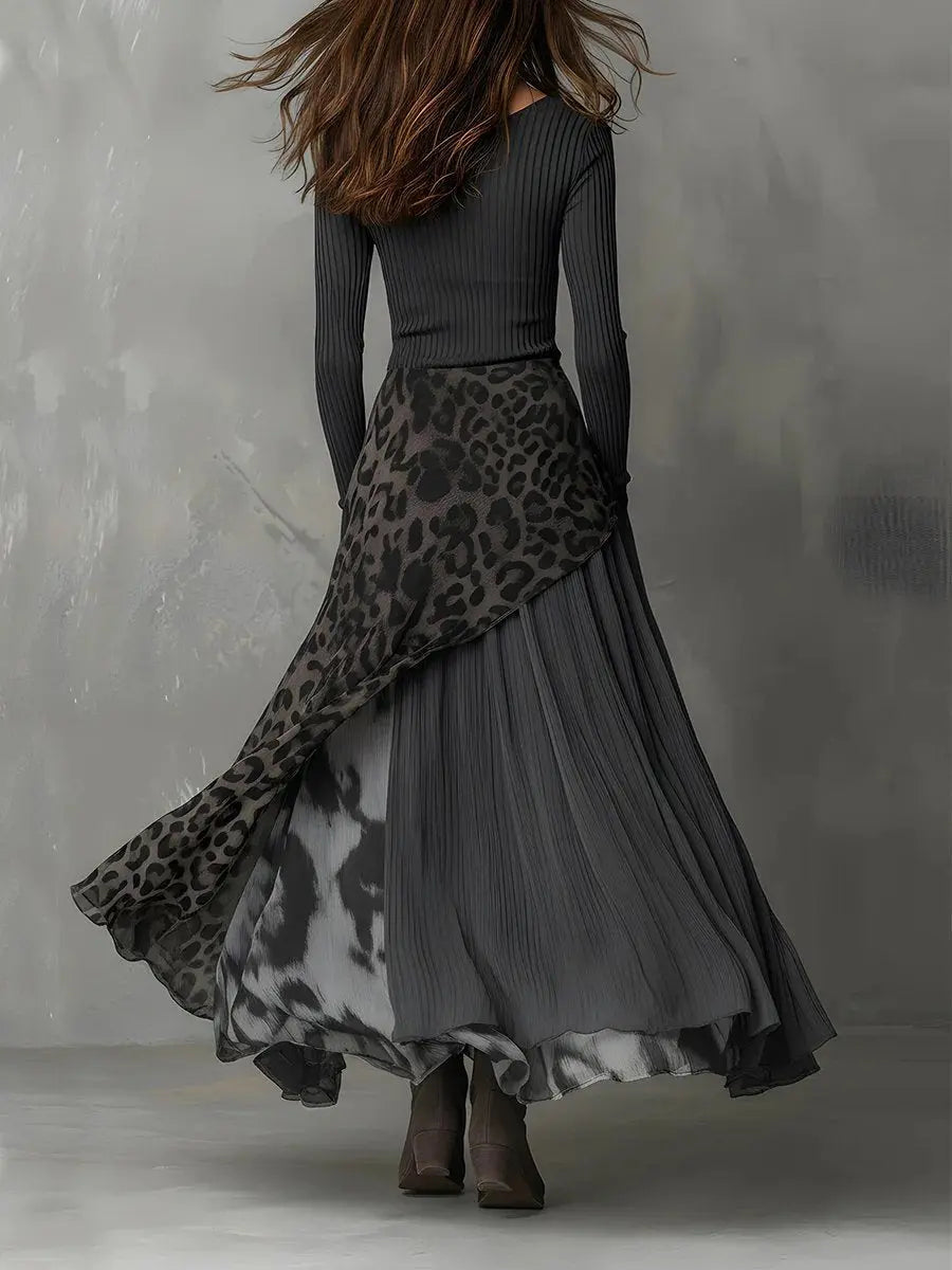 Boho women's leopard print maxi dress, grey with ribbed top & unique irregular hem. Versatile casual-elegant style.