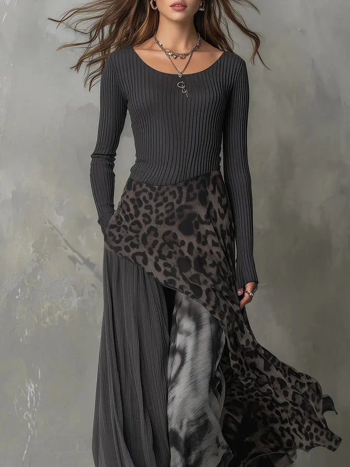 Elegant women's long sleeve grey leopard print maxi dress featuring a ribbed top & stylish irregular hemline.