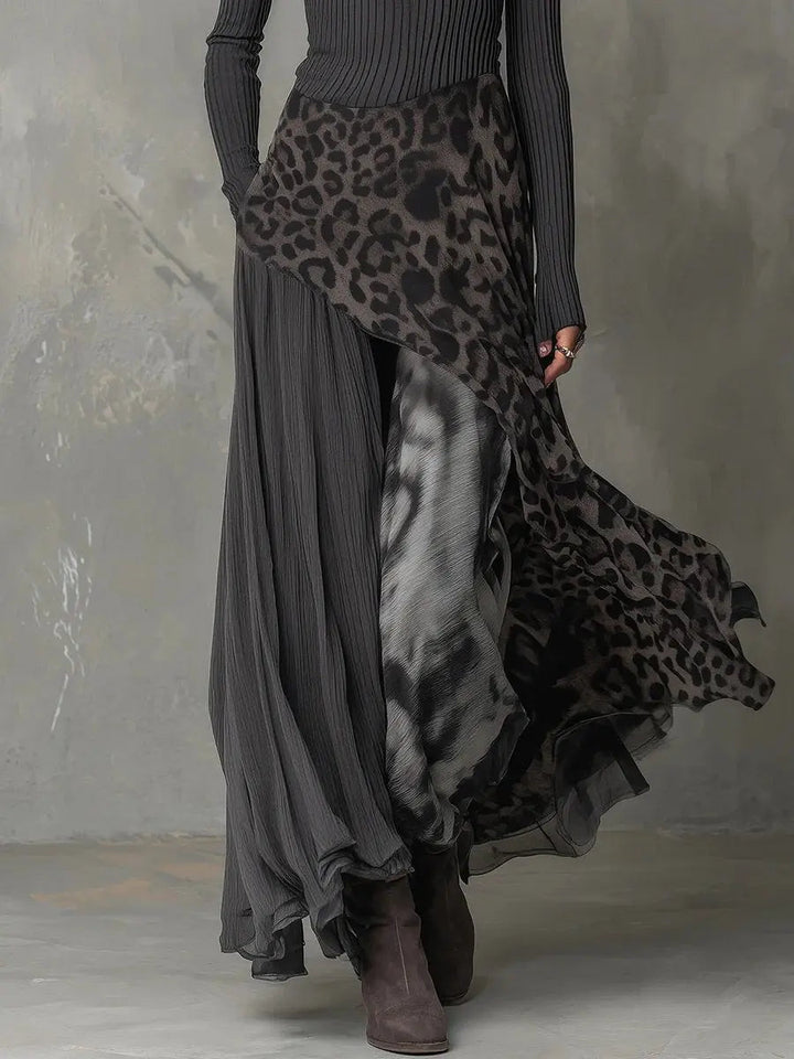 Stylish women's grey leopard print long sleeve maxi dress with a comfortable ribbed top and unique irregular hem.