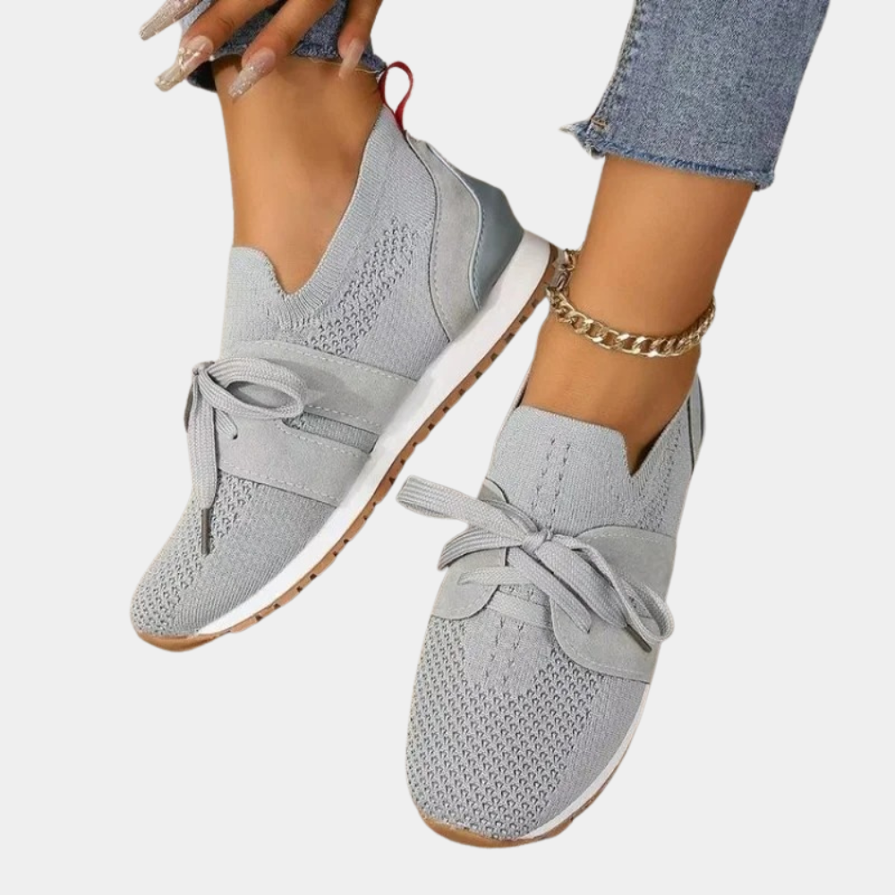 Women's grey orthopedic lace-up walking sneakers for comfortable, supportive everyday wear.
