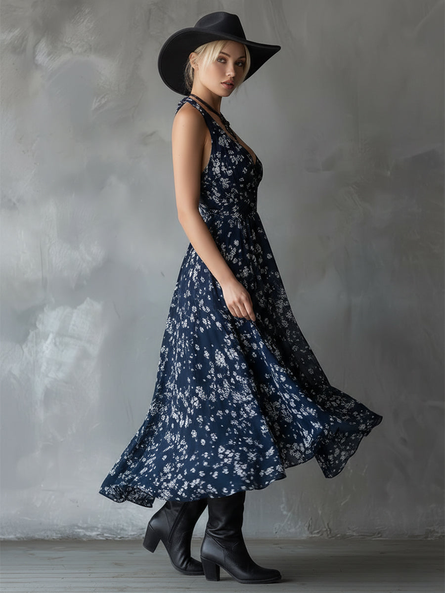 Elegant sleeveless floral halter dress for women, featuring ruched design & asymmetrical cut.