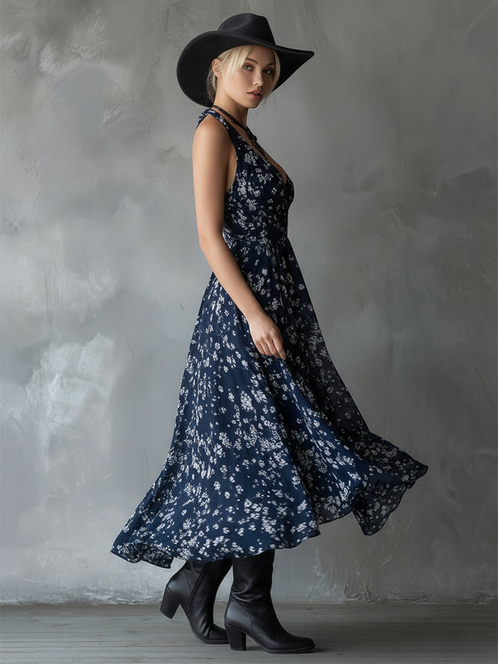 Elegant sleeveless floral halter dress for women, featuring ruched design & asymmetrical cut.