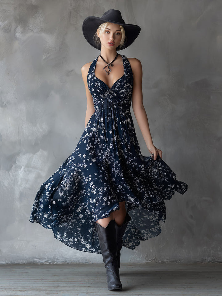 Summer-ready women's floral ruched asymmetrical dress with a chic halter neckline.