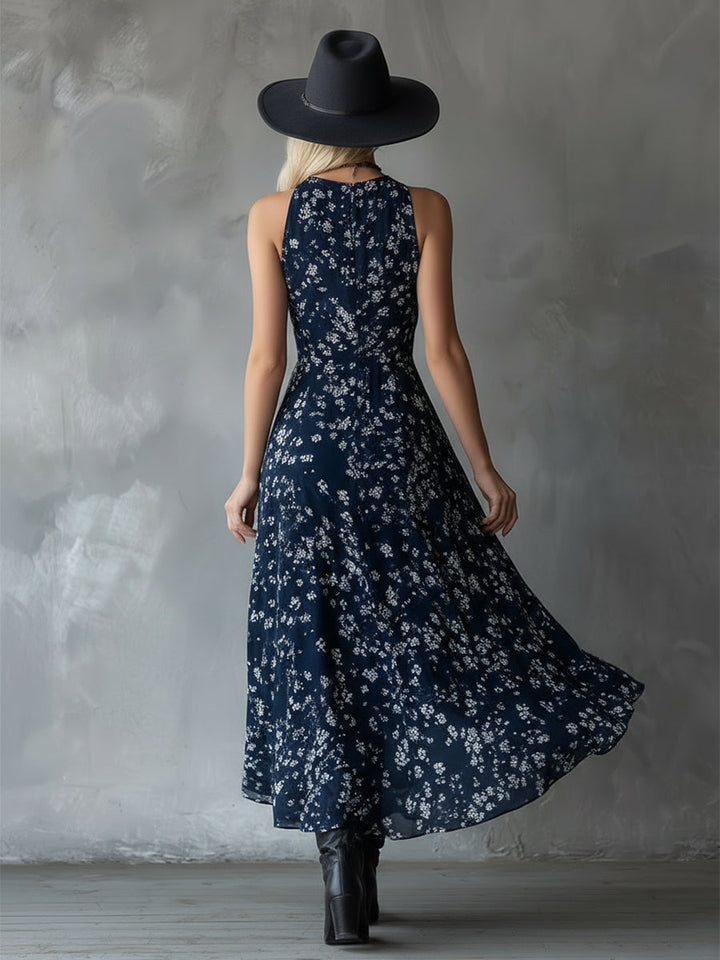 Stylish women's halter floral dress, ruched for a perfect fit, with an asymmetrical hem.