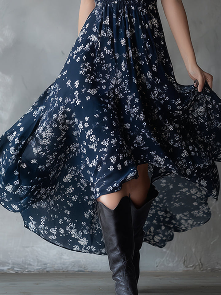 Women's fitted halter floral dress, perfect for occasion wear, with ruched & asymmetrical details.