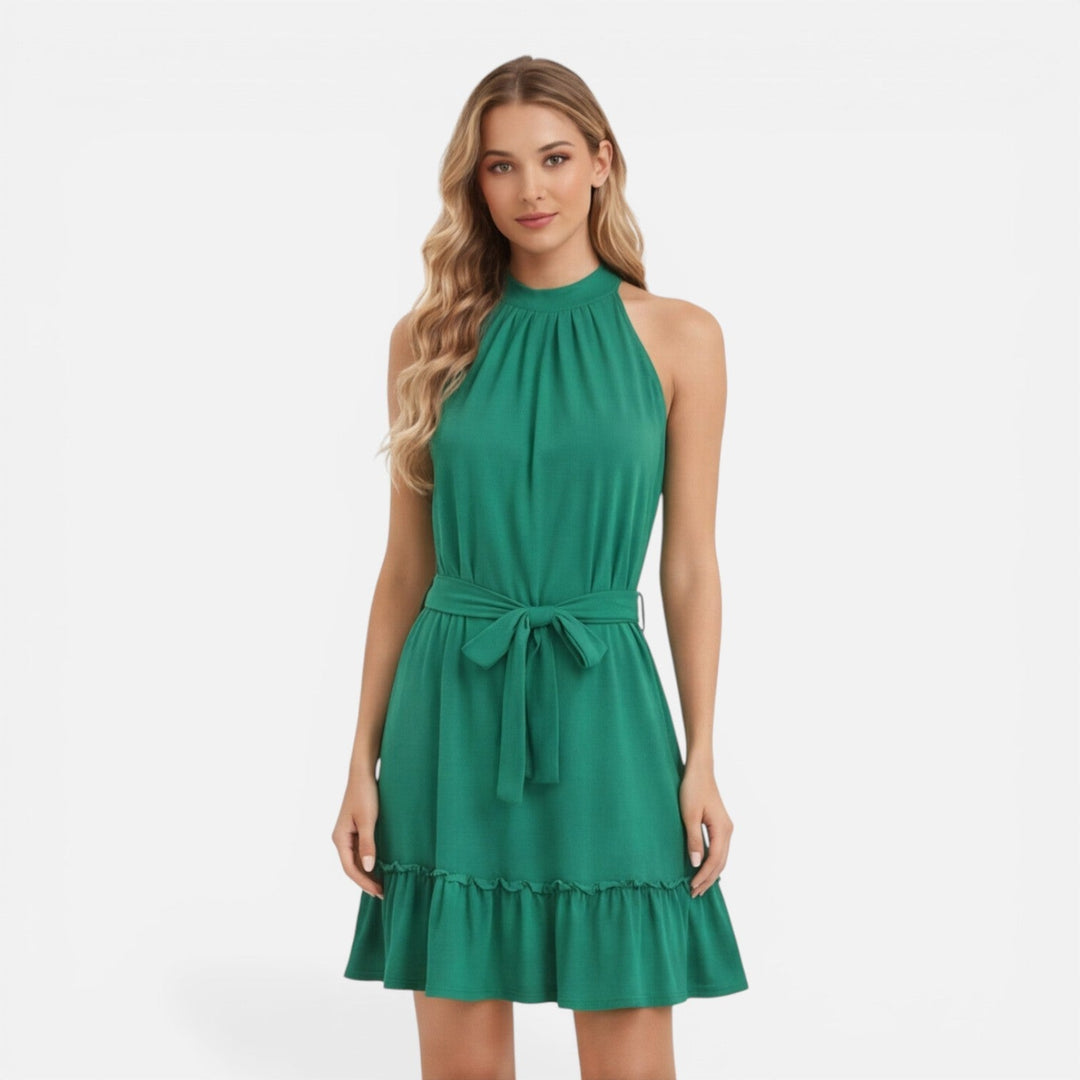 Women's halter neck mini dress in a vibrant color, perfect for effortless summer style.