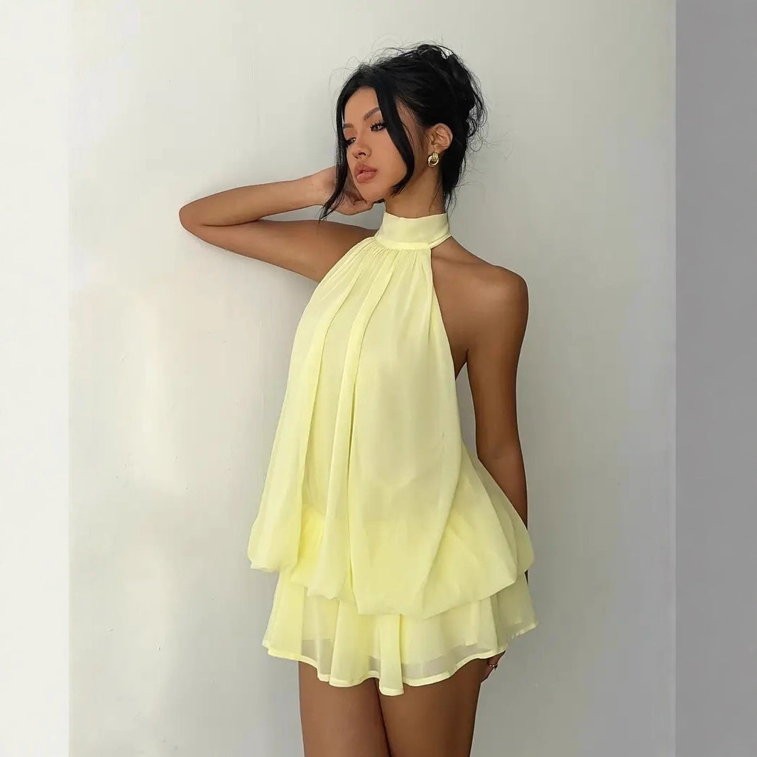 Elegant women's summer mini dress: sleeveless, halter neck, tiered ruffles for smart casual.