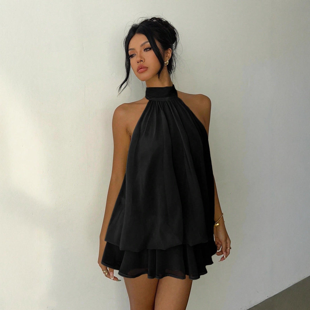 Versatile women's ruffle mini dress with a modern halter neck & attractive tiered design.