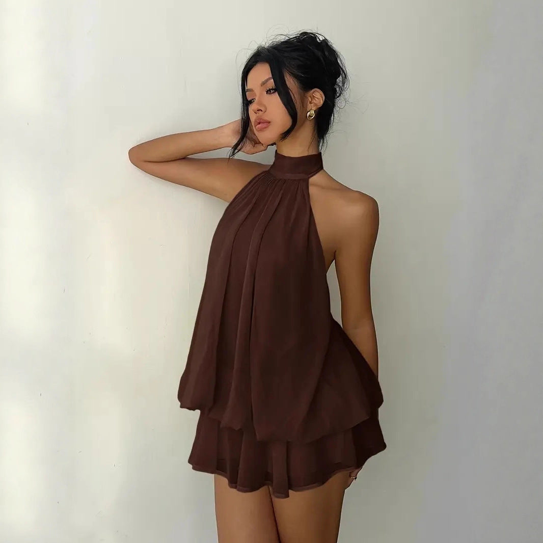 Sophisticated women's tiered ruffle mini dress, sleeveless with a flattering halter neckline.