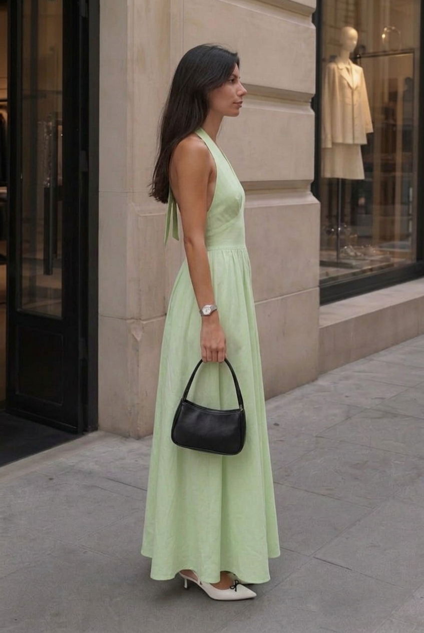 Flowy A-line halter maxi dress with V-neck, perfect for women's effortless summer style.