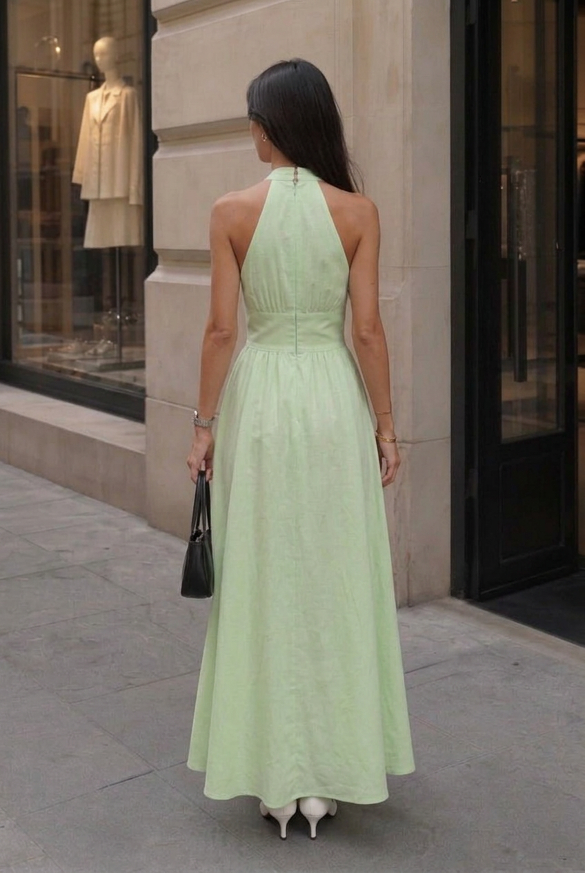 Sleeveless women's halter V-neck maxi dress, ideal for elegant summer and vacation.
