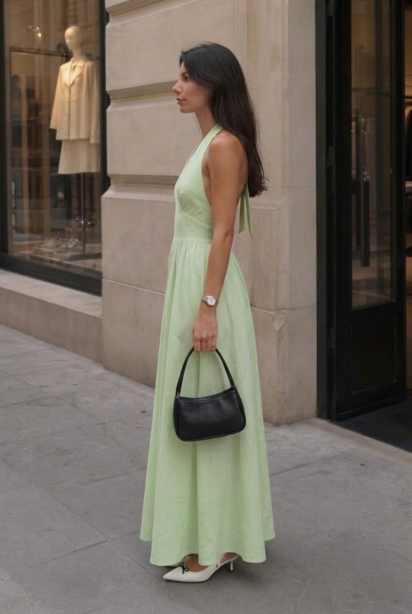 Effortless flowy halter maxi dress for women, featuring a stylish V-neck. Perfect for summer resort wear.