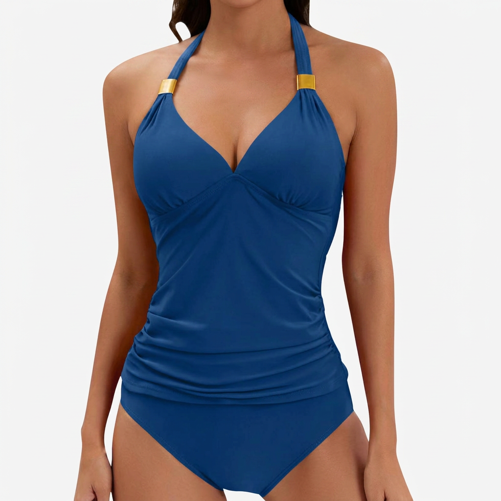Women's halter V-neck ruched two-piece tankini swimsuit. Perfect for beachwear, poolside, and summer swim.