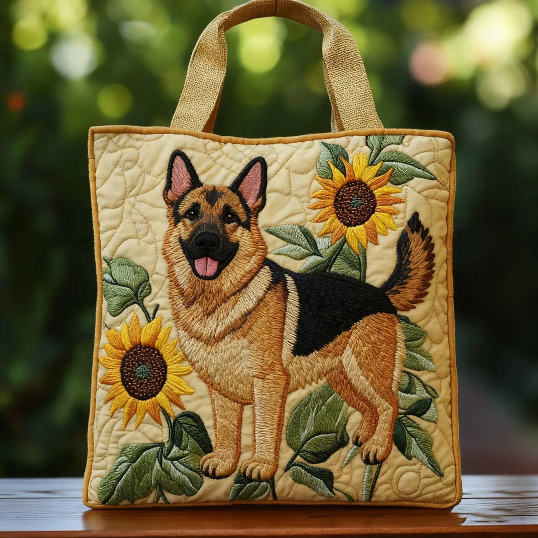Women's handcrafted floral German Shepherd tote bag, durable cotton polyester shoulder bag for dog lovers.