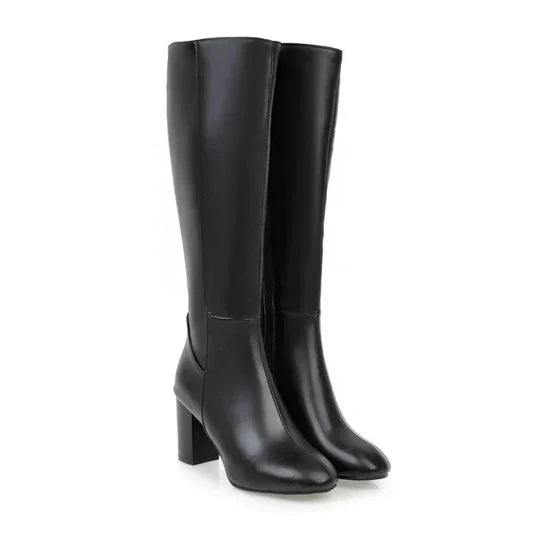 Versatile women's heeled knee-high boots with a zipper, ideal for elegant fall fashion & chic winter ensembles.