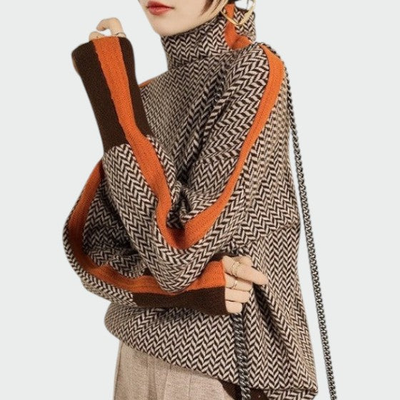 Women's herringbone luxe turtleneck in green, a stylish & comfortable long-sleeve top for winter fashion.