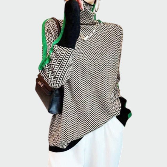 Stylish women's long-sleeve turtleneck with herringbone pattern in green & orange, a comfortable luxe top.