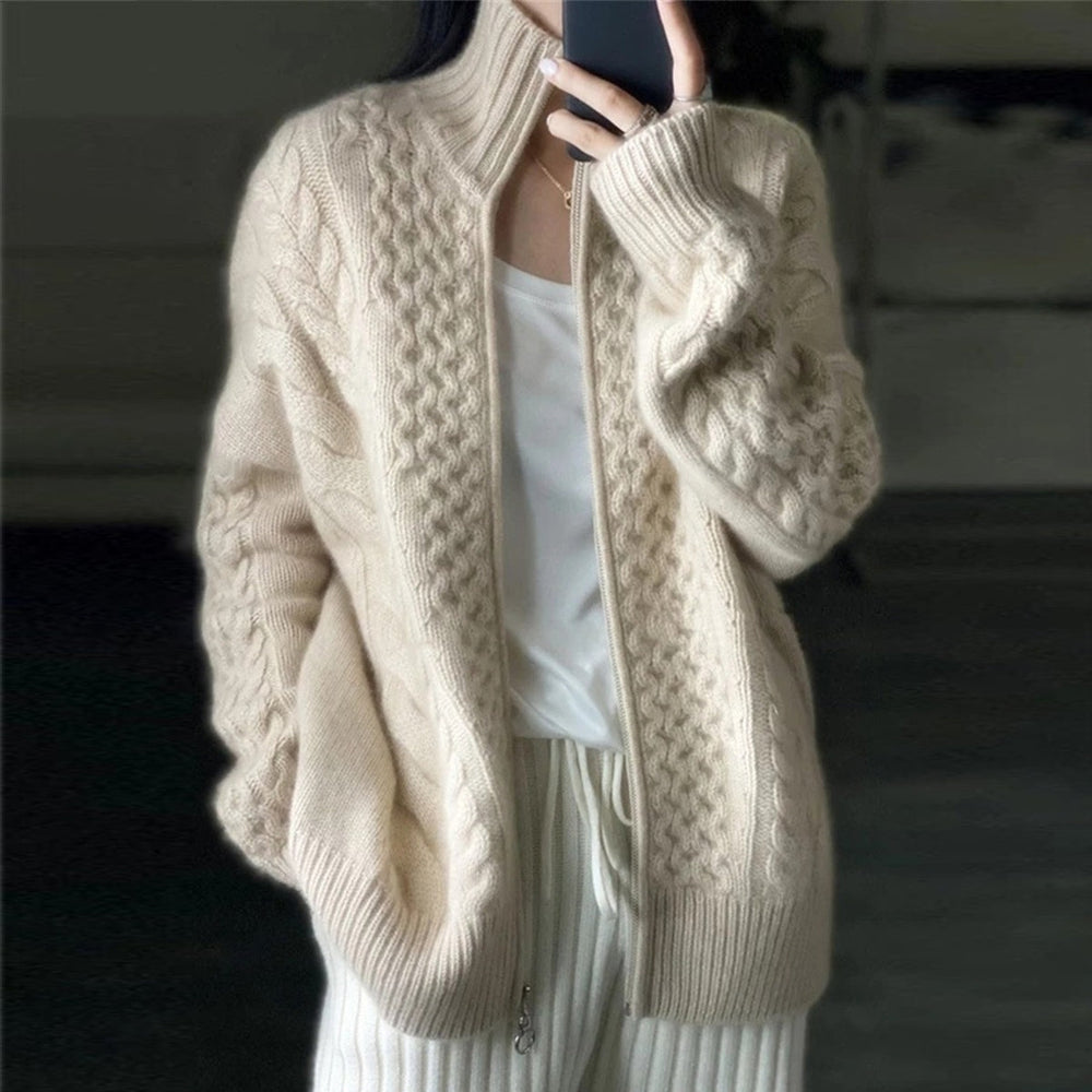 Women's high neck cashmere blend cardigan, a cozy knitwear layering piece for fall and winter fashion.