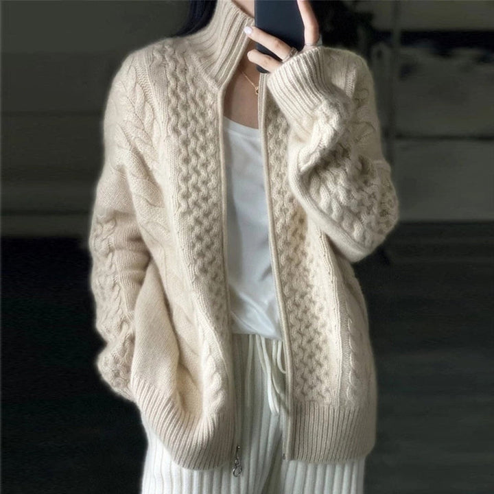 Women's high neck cashmere blend cardigan, a cozy knitwear layering piece for fall and winter fashion.