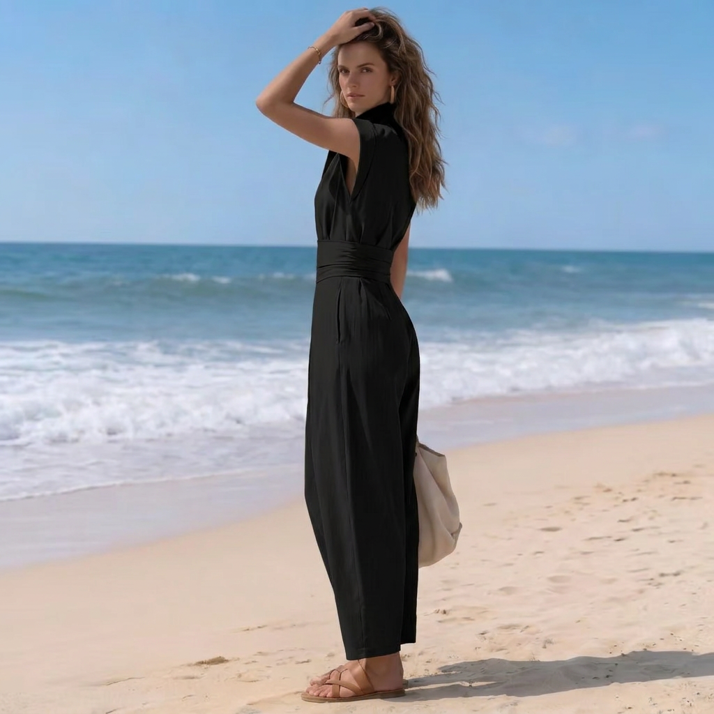 Chic women's harem jumpsuit. High-neck, cap sleeves & ruched waist. Versatile & comfortable elegant fashion.