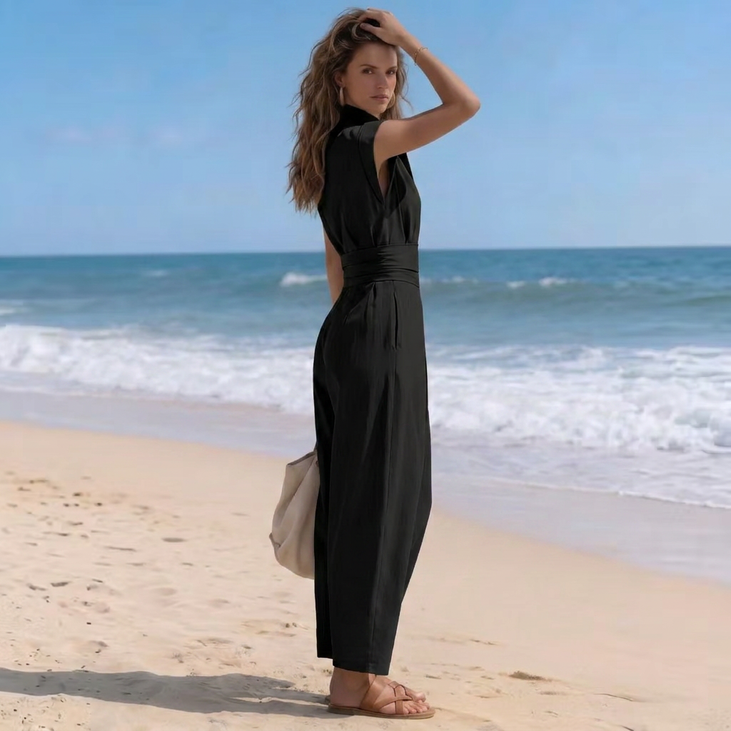 Stylish women's high-neck jumpsuit with a flattering ruched waist & chic cap sleeves. Comfortable harem style.