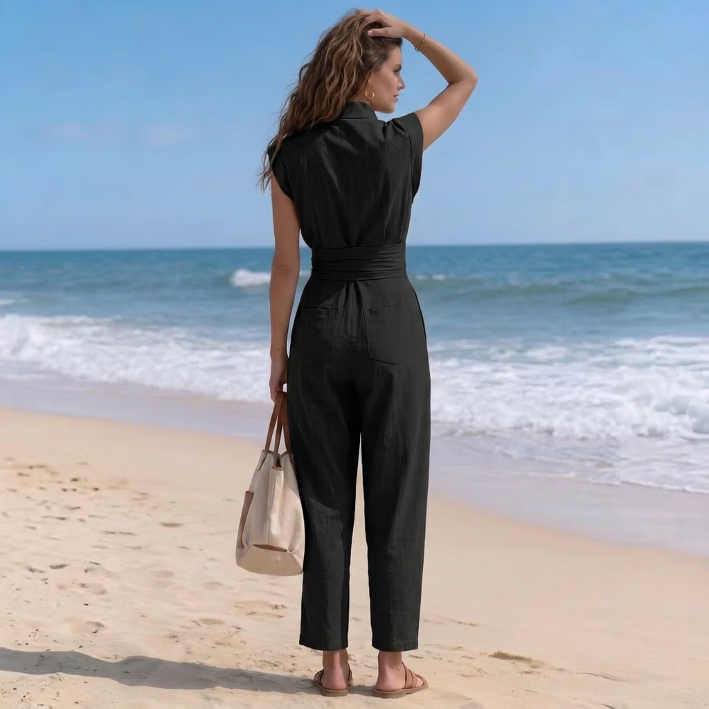Versatile women's one-piece harem jumpsuit. Features high-neck, cap sleeves, & ruched waist for elegant comfort.