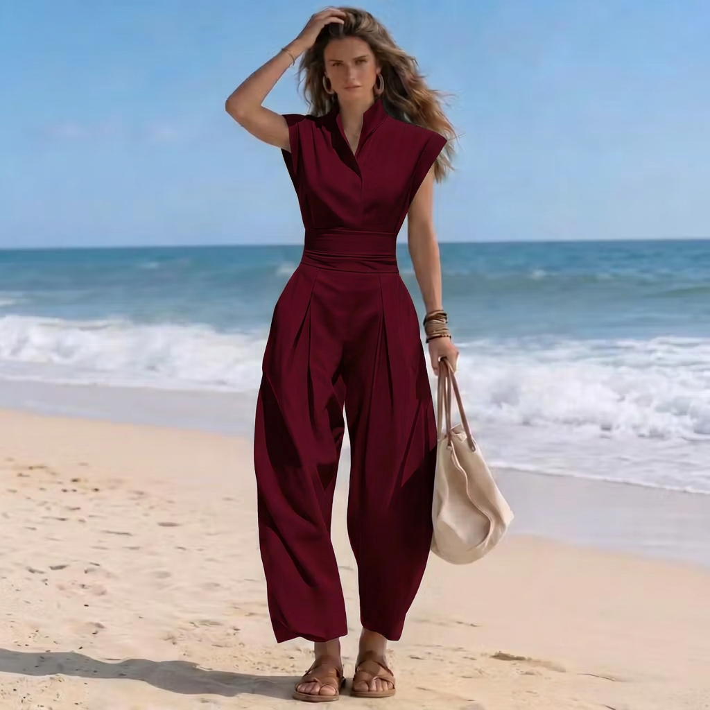 Women's high-neck harem jumpsuit. Ruched waist, cap sleeves. Chic, comfortable & elegant one-piece style.
