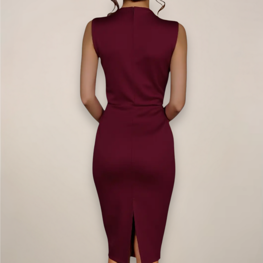 Elegant women's high neck ruched midi sheath dress. Ideal formal office wear or chic cocktail event attire.