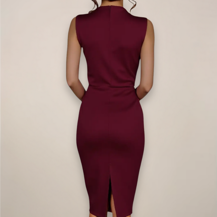Elegant women's high neck ruched midi sheath dress. Ideal formal office wear or chic cocktail event attire.