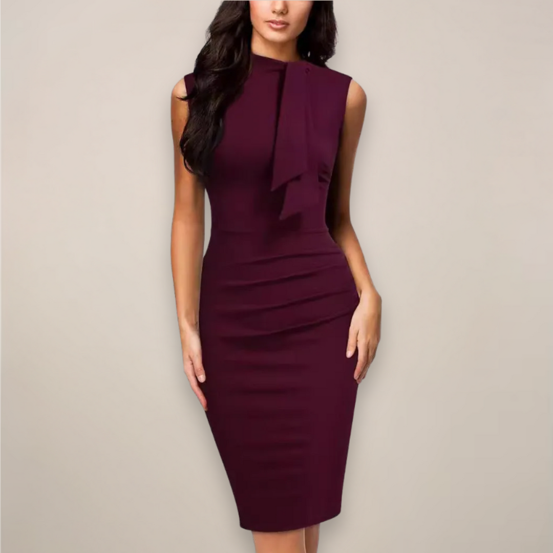 Bodycon women's high neck sleeveless midi dress with elegant ruching. Versatile sheath for office & formal events.