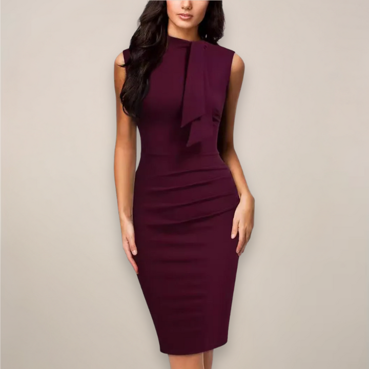 Bodycon women's high neck sleeveless midi dress with elegant ruching. Versatile sheath for office & formal events.