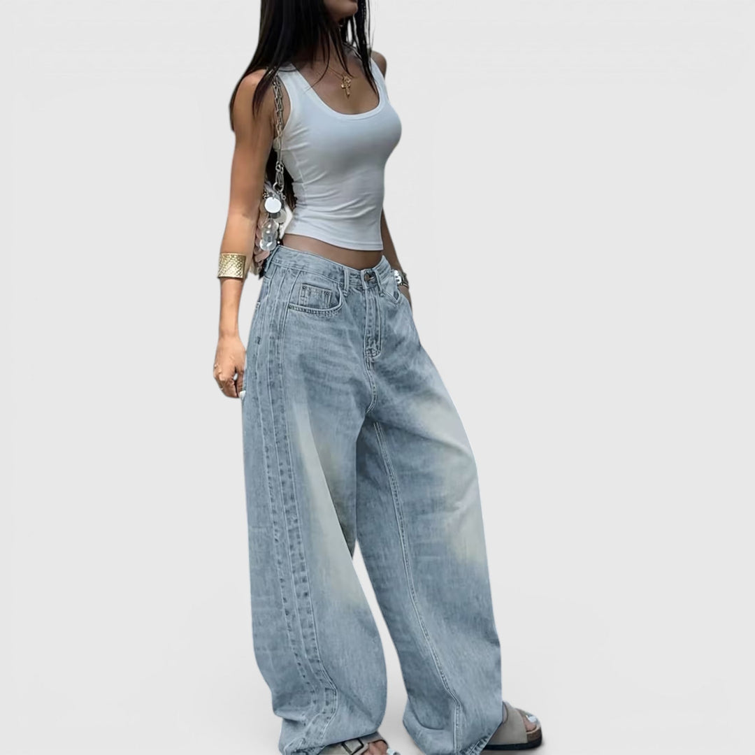 Women's high-rise oversized baggy straight leg jeans, comfortable denim for casual wear.