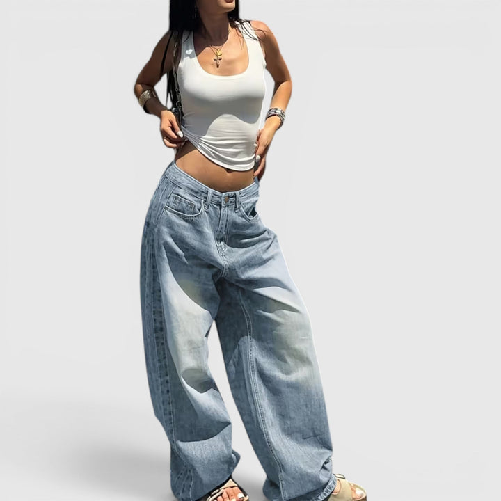 Comfortable floor-length straight leg women's jeans, high-rise for a relaxed fit.