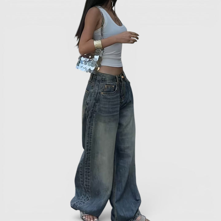 Oversized baggy high-rise women's jeans, straight leg denim for casual everyday style.