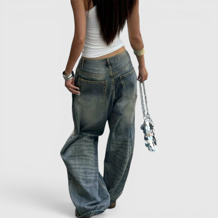 Soft denim comfortable women's baggy jeans, high-rise straight leg for ease.