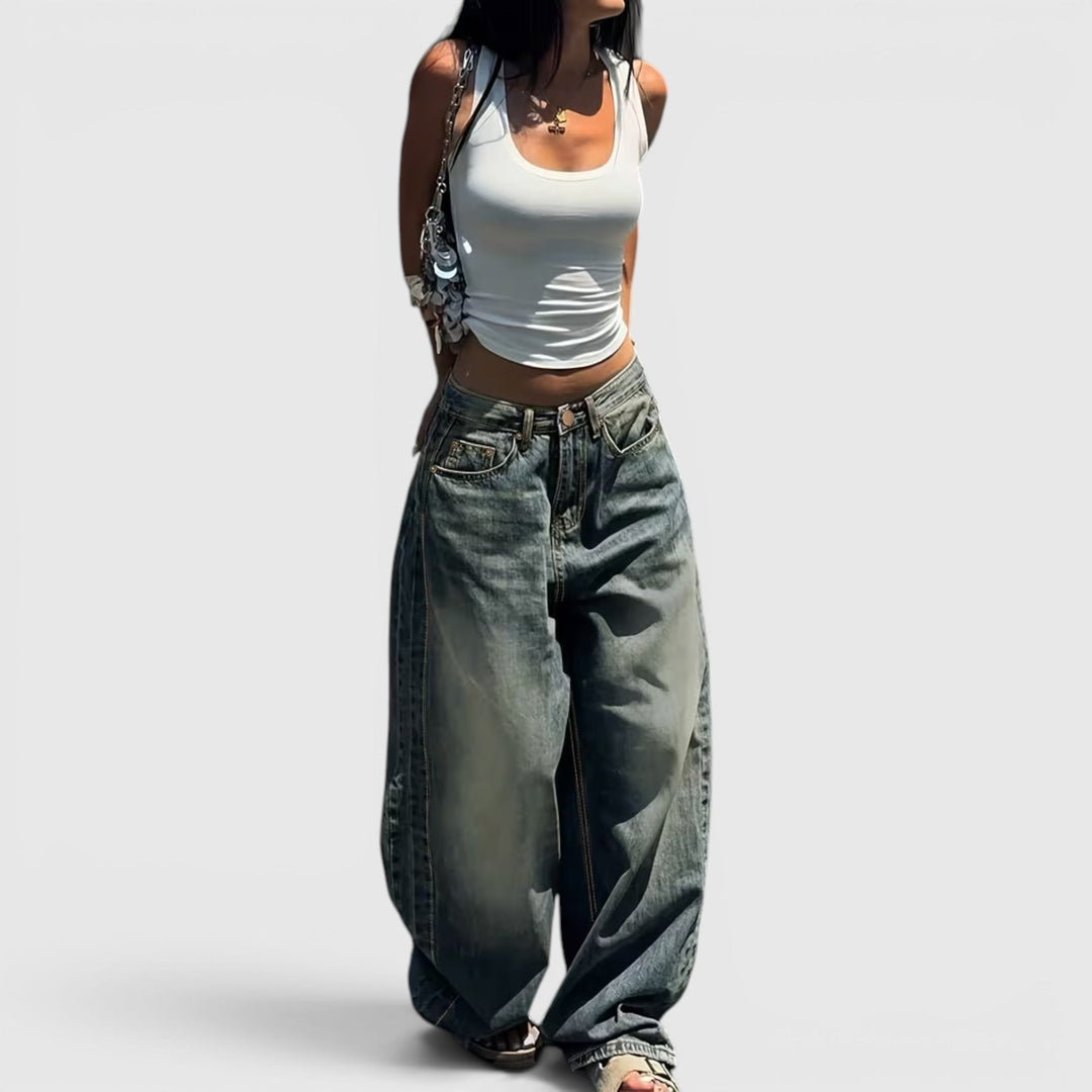 High-rise comfort-fit straight leg denim jeans for women, perfect for relaxed outings.