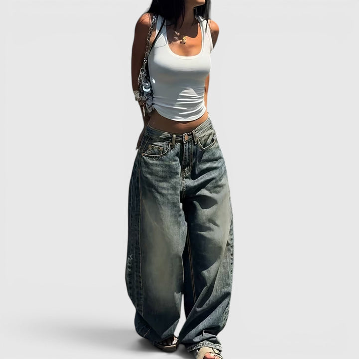 High-rise comfort-fit straight leg denim jeans for women, perfect for relaxed outings.
