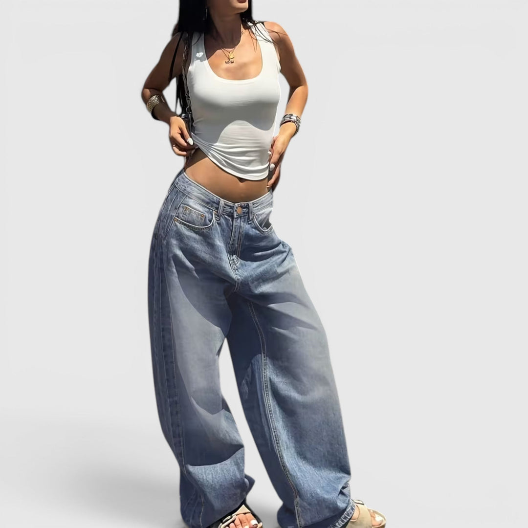 Comfortable relaxed fit women's jeans, high-rise straight leg denim for fashion.