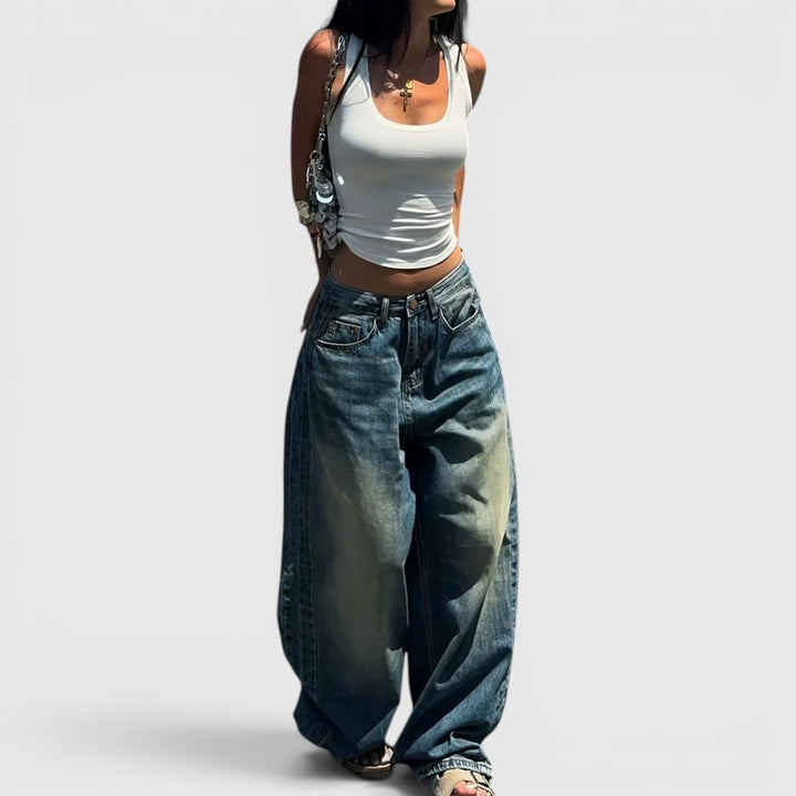Soft, comfortable high-rise women's jeans, baggy straight leg style for versatile outfits.