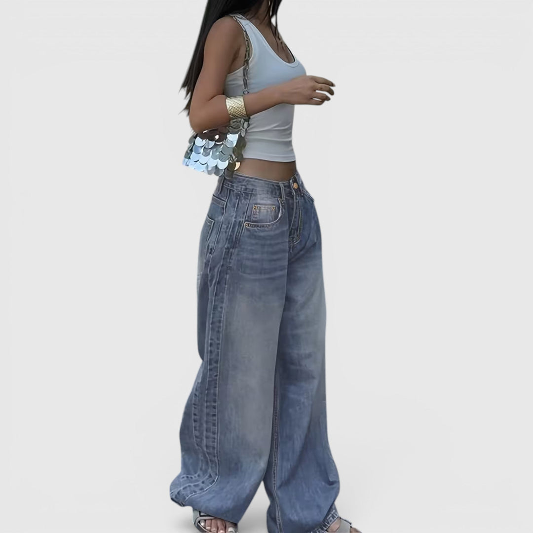 Women's high-rise oversized baggy straight leg denim jeans, a relaxed modern fit.