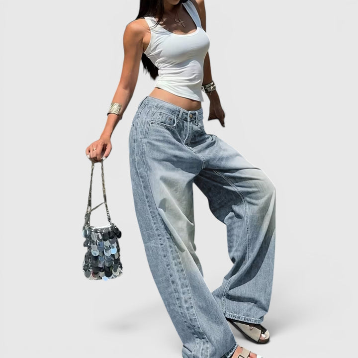 Stylish comfort: women's high-rise baggy straight leg denim jeans, a must-have item.